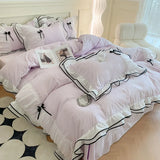 Triogift  Korean Seersucker Bedding Set Princess Girls Lace Ruffled Bow Duvet Cover Double Bed Sheets Washed Cotton Twin Queen Quilt Cover