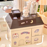 Triogift Transparent Desktop Storage Box Creative Small House Pen Holder Student Kawaii Stationery Cosmetic Organizer Rack Drawer Cute