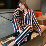 Triogift  Fashion Design Pajamas Suit Women Men Ice Silk Long Sleeves Home Colth Couples Satin Thin Sleepwear Set Cool Summer Male Female