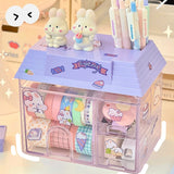 Triogift Transparent Desktop Storage Box Creative Small House Pen Holder Student Kawaii Stationery Cosmetic Organizer Rack Drawer Cute