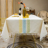 Triogift Embroidery Tassel Tablecloth,Cotton Linen Dust Proof Dinner Table Cover,for Kitchen Dining Room Party Home Tabletop Decoration