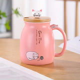 Triogift  -  1pc 420ml Cartoon Cat Ceramic Mug Portable Coffee Cup With Wooden Lid And Stainless Steel Spoon Handle Drinking Cup For Home