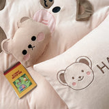 Triogift  Cute Cartoon Bear Soft Comfortable Velvet Fleece Towel Embroidery Bedding Set Duvet Cover Linen Fitted Sheet Pillowcases