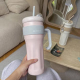 Triogift  -  Kawaii Tumbler Thermos Cup For Coffee Tea Juice 1250ml Sainless Steel Thermal Cup With Handle Straw Car Mug Gym Water Bottle