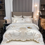 Triogift  Golden Feather Embroidery Bedding Set Luxury Pearl White Satin Cotton Bedclothes Duvet Cover Bed Sheets Set Pillowscases