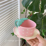 Triogift  -  Strawberry-Shaped Ceramic Coffee Cup and Saucer Set, Children's Water Cup, Household Ins Breakfast Cup, Fresh, Cute