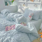 Triogift  Princess Bedding Set  French Style Wash Cotton Solid Color Seersucker Summer Soft  New Bed Sheet Set Comforter Set