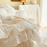 Triogift White Washed Cotton Bedding Set Luxury Lace Embroidery Ruffle Princess Duvet Cover Bed Skirt Bedspread Pillowcases Home Textile