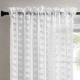 Triogift  Vertical Striped White Hair Ball Sheer Curtain for Small Window Kitchen Voile Drape Flower Cutting Design