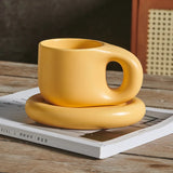 Triogift 1set 400ml Ceramic Coffee Chubby Mug Saucer Set Creative Cute Fat Handle Cup With Saucer For Office And Home Room Decor