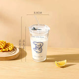 Triogift  -  Cute Letter Korean Glass Water Bottle With Straw And Lid  480ml Simple Coffee Milk Juice Breakfast Glass Cups For Drinks Gift