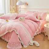 Triogift Korean Luxury Lace Ruffles Bedding Set Skin-Friendly Washed Cotton Princess Style Duvet Cover Bed Sheet Pillowcase Home Textiles