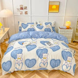 Triogift  Cute Bear Bedding Set Girls Boys Kids Single Double Size Flat Sheet Duvet Cover Pillowcase Bed Linens White Blue Home Textile