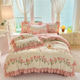 Triogift Fashion Flower Bedding Set Bed Sheet Cute Princess AB Double Sided Ruffle Flower Quilt Cover Pillowcase Bedclothes Home Textiles