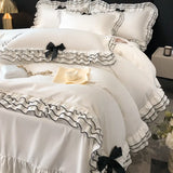 Triogift  Bedding Set Luxury Princess Bed Linen Multi Layer Ruffle Bow Duvet Cover Set Bed Sheet and Pillowcases Queen Bed Comforter Set