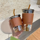 Triogift  -  350/450ml Coffee Straw Cup With Lid Heat-Resistant Water Bottle Beer Drinkware Coffee Mug With Straw Deer Printed Leather Glass