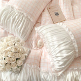 Triogift Korean Style Princess Bedding Set Luxury Pink Lattice Duvet Cover Ruffles Lace Bedspread Bed Sheet Pillowcases