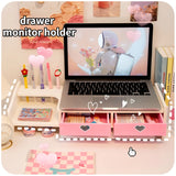 Triogift Kawaii Computer Laptop Elevated Stand Holder Work Station Desktop with Drawer Storage Box Organizer Monitor Laptop Office Shelf