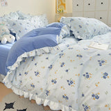 Triogift Ins Style Floral Duvet Cover Set Flat Sheet Pillowcases No Filling Queen 200x230cm Romantic Girls Blue Bedding Flower Bed Linens