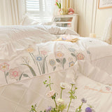 Triogift  Ruffle Trim White Flower Embroidery Cotton Bedding Set Duvet Cover Linen Fitted Sheet Pillowcases Home Textile