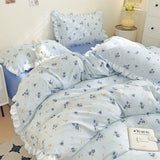 Triogift Ins Style Floral Duvet Cover Set Flat Sheet Pillowcases No Filling Queen 200x230cm Romantic Girls Blue Bedding Flower Bed Linens