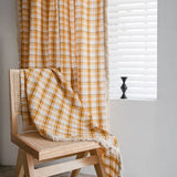 Triogift American Style Cotton Linen Plaid Curtains Bedroom Curtains with Tassel Semi-shading Kitchen Valance Drapes for Living Room