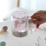 Triogift  -   Shining Fairy Double Layer Quicksand Water Cup Big Ear Coffee Breakfast Heat Insulation Bubble Sequin Creative Glass