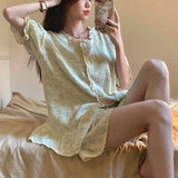 Triogift  Floral Sleepwear Women Pajamas Sets for Home Summer Ruffles Shorts Sleeve Lace 2 Pieces Button Night Wears Korean Home Suit