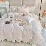 Triogift  100%Cotton Princess Bedding Set Soft Washed Cotton Flowers Embroidery Lace Ruffles Quilt Cover Set Flat/Fitted Sheet Pillowcases