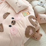 Triogift  Cute Cartoon Bear Soft Comfortable Velvet Fleece Towel Embroidery Bedding Set Duvet Cover Linen Fitted Sheet Pillowcases