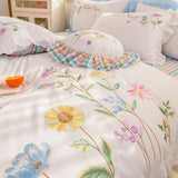 Triogift  white pastoral style flowers Embroidered Ruffle Cotton Bedding Set Duvet Cover Bed Linen Fitted Sheet Pillowcases Home textiles