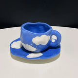 Triogift  -  Hand painted blue sky and white clouds Coffee cup dish set ceramic cup Mug milk breakfast cup cute cup  coffee mugs  teacup