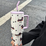 Triogift 1200ml Kawaii Puppy Thermos Mug Tumbler For Ice Coffee Water Tea Large Cute Stainless Steel Car Thermal Cups With Straw Handle