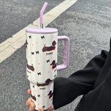 Triogift  -  1200ml Kawaii Puppy Thermos Mug Tumbler For Ice Coffee Water Tea Large Cute Stainless Steel Car Thermal Cups With Straw Handle