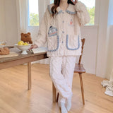 Triogift  New Sleepwear Women's Winter Fleece Cartoon Sweet Cute Girl Pajamas Princess Style Jacquard Plush Thick Sets Loungewear