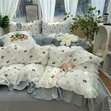 Triogift Romantic French Flowers Lace Ruffles Bedding Set Washed Cotton Duvet Cover Bed Flat Sheet Pillowcases Girls Couple Bed Linens