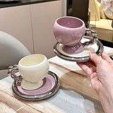 Triogift  -  Fine Ceramic Coffee Cup Saucer Bow Mug English Afternoon Tea Tableware Ceramic Latte Coffee Cup Saucer Breakfast Mug Gifts 160ml