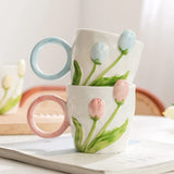 Triogift  -  1pc Tulip Flower Ceramic Mug 3D Design Creative Relief Girl Heart Coffee Cup Birthday Mothers Day Gift for Her Afternoon Tea Cup