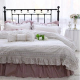 Triogift  France Style Bedding Set Luxury Purple Princess Bedspread White Printing Egyptian Cotton Lace Duvet Cover Bed Skirt Pillowcases