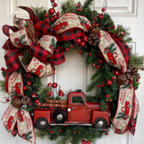 Triogift  40cm Red Truck Christmas Wreath Fall Wreath for Front Door Decorations for Farmhouse Autumns Harvest Halloween Thanksgiving