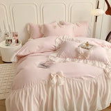 Triogift  Korean Princess Style Cotton Bedding Set Single Queen King Pleat Ruffles White Ball Duvet Cover Set Bed Sheet Pillowcases