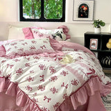 Triogift French Retro Light Luxury Washed Cotton Four Piece Set Bedroom Lace Duvet Set Single Bedding Set Dormitory Bed Linen