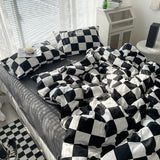 Triogift Checkerboard Bedding Comforter Set with Pillowcase bed sheet Single Full Size Bed Linen Duvet Cover Set Queen/King Double Single