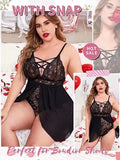 Triogift  Plus Size Babydoll Womens Snap Crotch Lingerie V Neck Lace See Through Nighty Sleepwear L-5XL Honeymoon Nightdress Pajamas