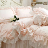 Triogift  Super Sweet Solid Color Bedding Sets Luxury Princess Wedding Pink Lace Ruffle Cotton Duvet Cover Bedspread Bed Skirt Pillowcases