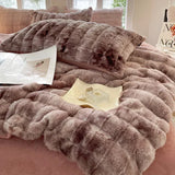 Triogift Faux Rabbit Fur Autumn Winter Warm Duvet Cover Set with Bed Sheet Quilt Cover and Pillowcase Queen Plush Bedding Set Soft Warmth