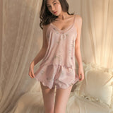 Triogift  Women' Silk Satin Pajamas Set Girl Home Lingerie Floral Lace Cami Sleepwear 2 Pices