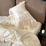 Triogift High End Egyptian Cotton Bedding Sets Luxury Beige Jacquard Satin Duvet Cover Bed Sheet Pillowcases Chiffon Lace Quilt Cover