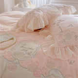 Triogift  French Romantic Bedding Set Luxury Flower Embroidery Princess Pink Ruffle Milk Velvet Quilt Duvet Cover Bed Sheet Set Bedclothes