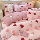 Triogift Cute Korean Heart Duvet Cover Set with Flat Sheet Pillowcase Twin Queen Girls Women Home Decor Floral Bedding Linen No filler